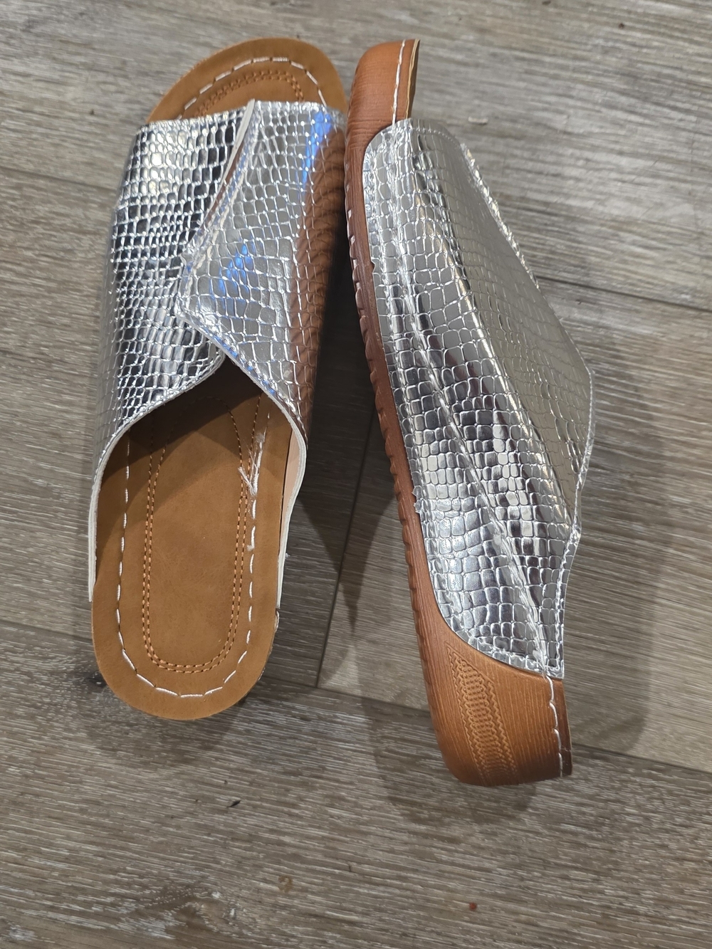 Silver Metallic Croc-Textured Slide Sandals for Women